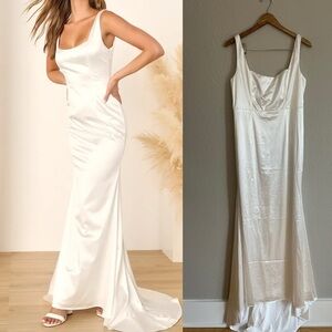 Sensational Promise White Satin Square Neck Mermaid Maxi Dress
